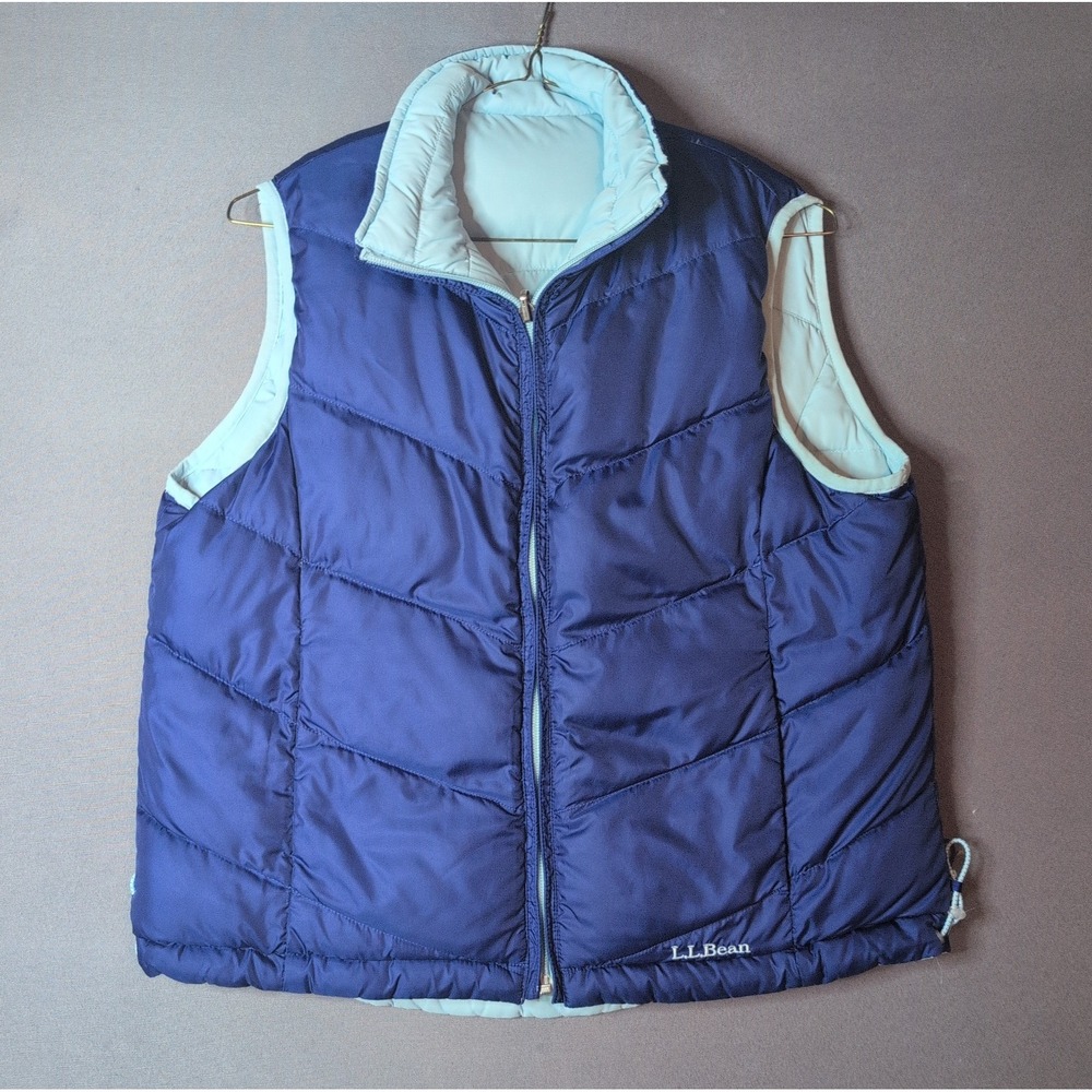 L.L. Bean‎ Puffer Vest Women's Medium Blue Reversible Down Fill Winter Full Zip